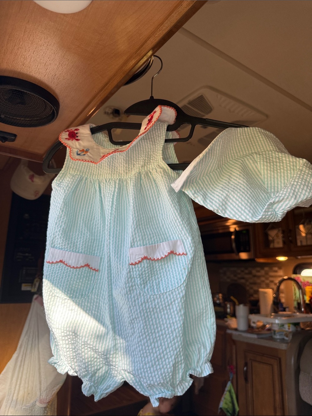 Good Lad Light Mint Green Seersucker Baby Romper with Matching Bonnet